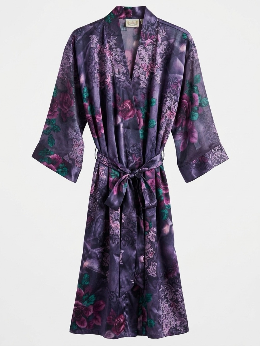 Vintage California Dynasty Elegant Silky Floral Wrap Kimono Robe in Purple, M